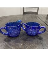 L E Smith Carnival Glass Sugar &amp; Creamer Cobalt Blue Grape Scalloped Rare - $124.37 CAD