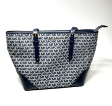 Michael Kors Navy Logo Tote Shoulder Bag Leather Canvas Handbag Zip Trav... - $88.68 CAD