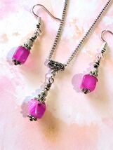 pink Agate Silver jewelry set Victorian pink Agate earrings agate neckla... - $73.24 CAD