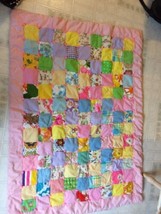 vintage baby, lap quilt age unknown hand tied 36 1/2 X 48 1/2 Pink border Poofy - £62.63 GBP