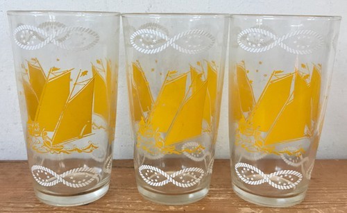 Set 3 Vtg Mid Century Clear Glass Nautical Sailboat Juice Glasses Tumble... - $59.39