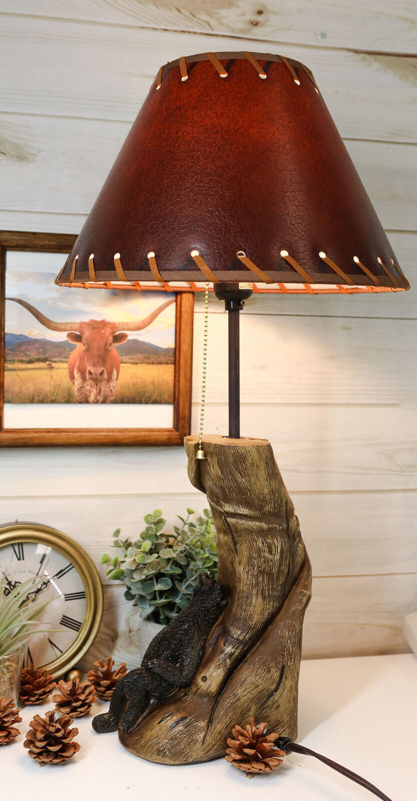 Rustic Forest Black Bear Sleeping On Tree Log Desktop Table Lamp With Shade- ...