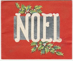 Vintage Christmas Card Noel Silver Foil Holly Red Background 1950&#39;s Mid-Century - £5.44 GBP