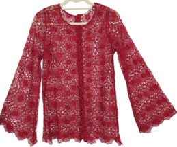 Double Zero Boutique Women&#39;s Red Lace Flared Sleeve Back Button Top Size M - £27.65 GBP