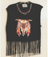 NWT Forte Couture Teka Black Fringe Cowskull Knit Top Size M New Tag T-S... - £26.35 GBP