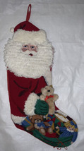 Vtg Needlepoint Santa Holding Plush Teddy Bear Christmas Stocking 3-D Stuffed - £47.76 GBP
