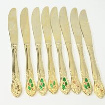 Hollyberry Dinner Knives Christmas 8-3/4" Gold Tone Flatware Lot of 8 Xmas - $13.71