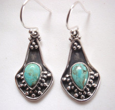 Turquoise Silver Dot Accented 925 Sterling Silver Dangle Oxidized Earrings - £18.75 GBP