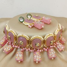 Indian Bollywood Style Gold Plate Kundan Choker Necklace Pink Jewelry Set - £37.96 GBP