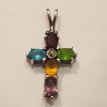 Multi stone 925 Sterling Silver Marcasite Cross Pendent - £41.55 GBP