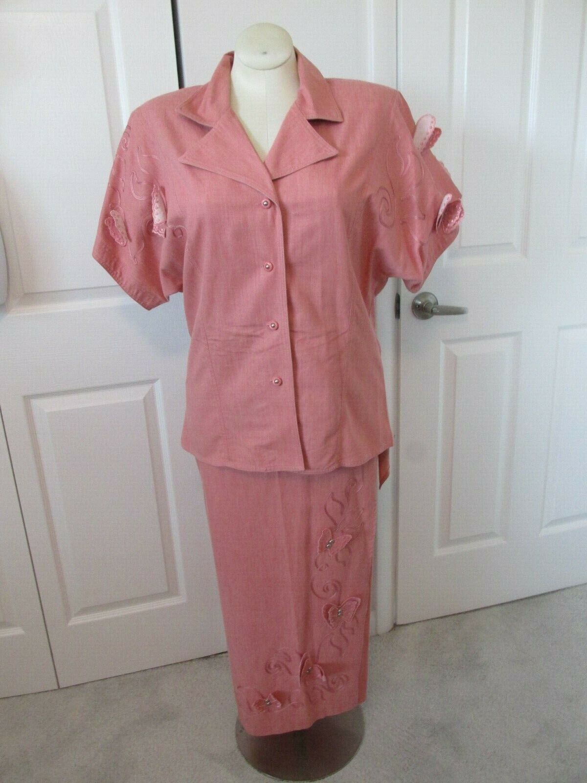 Primary image for HOWARD WOLF Vintage Pink Wrap Skirt Suit Embroidered Appliques 12 Butterflies EC