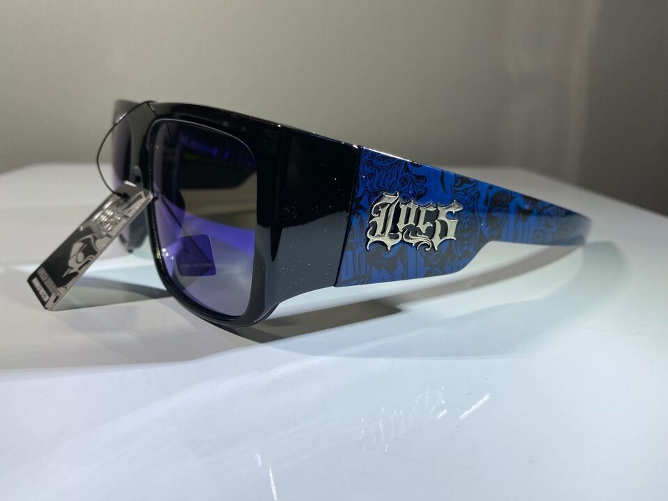 Men&#39;s sunglasses with blue lenses and blue and black graffiti side arms - $9.50