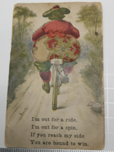 Rare 1909 Pincushion Postcard FAT WOMAN ON BIKE Unposted BIG BUTT HUMOR ... - $15.75