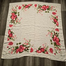 Vintage Tablecloth Linen 40s 50s Table Linens 46 x 48 Fruit Red Flowers Apples - £46.86 GBP