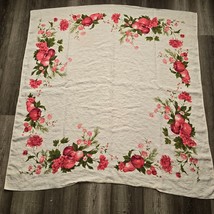 Vintage Tablecloth Linen 40s 50s Table Linens 46 x 48 Fruit Red Flowers Apples - $59.94