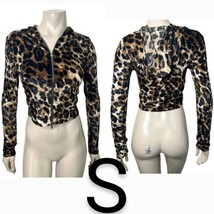 Y2K Velvet Leopard Hoodie Long Sleeve Front Zipper Hoodie Crop Top~Size S - £19.02 GBP