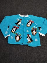 Vintage Tiara Cardigan Penguin Christmas Sweater Teen Large Blue Full Zip - £21.66 GBP