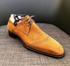Handmade Men&#39;s bespoke suede leather Lace-up tan formal Derby dress shoe... - £111.57 GBP