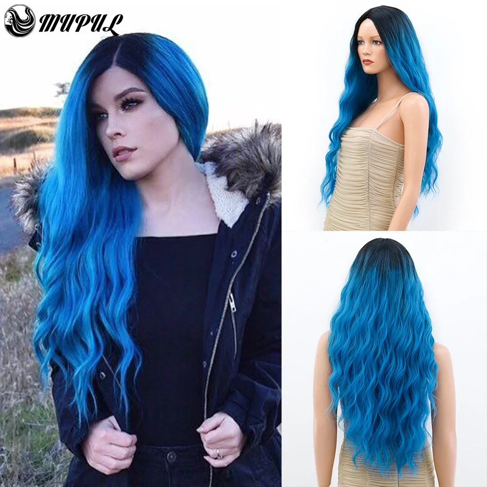 Synthetic Wig For Woman Blue Colored Ombre Long Body Water Wave Wig Cospl - £21.01 GBP+