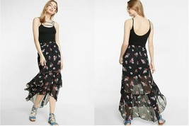 New Express Women Hi Lo Maxi Chiffon Black Floral Lined Ruffle Skirt Sz S - £31.15 GBP