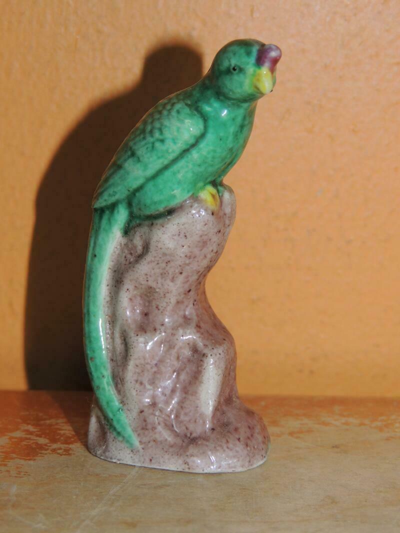 Mud Parrot 2.75&quot;+ green purple unmarked Mudman Antique c1890 bird longta... - $49.49