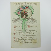 Easter Postcard Girl Bonnet Flowers Green Polka Dot Ribbon Embossed Antique 1910 - £7.98 GBP