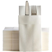 White Dinner Napkins Cloth Like With Built-In Flatware Pocket, Linen-Fee... - $38.99
