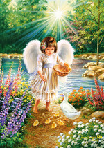 FRAMED CANVAS ART PRINT baby girl angel feeding ducks in garden heavenly forest - £31.91 GBP+