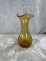 Vintage Mid Century Hand Blown Amber Crackle Glass Vase Ruffled Edge Top... - $13.58