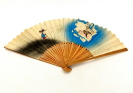 Vintage Folding Hand Fan, Bamboo &amp; Silk, Painted Artwork Both Sides, #FAN-04 - £15.87 GBP