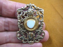 Z18-28 white triangle gold trimmed textured Czech glass button angel pin brooch - £15.50 GBP