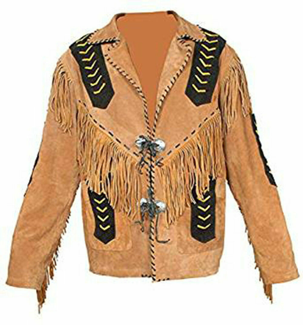 Two Tone Black Tan Western Style Fringed Suede Leather Bone Bead Patches Jacket