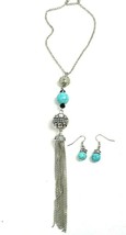 Turquoise Silver Tassel 28&quot; Necklace Pierced Earrings Set - £15.66 GBP