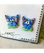 Handmade Polymer Clay Cat Eating Fish Earring Jewelry Animal JARI Design... - $14.39