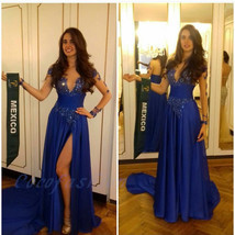 Long Sleeve Royal Blue Chiffon Women Evening Dress Lace Appliques High S... - £140.99 GBP