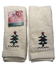 Christmas Tree Fingertip Towels Embroidered Beige Set of 2 Guest Bathroom - £22.64 GBP