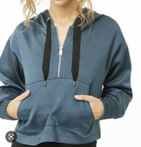 Shiny Sheeny Teal Navy Blue Thick Scuba Material Half Zip Hoodie Size Me... - £11.48 GBP