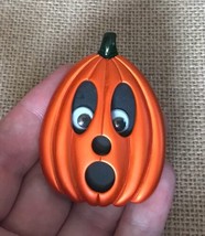 Funny Silly Googly Eyed Orange Jack O Lantern Pin Brooch Halloween Kitsch - £6.25 GBP