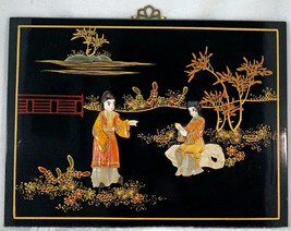 Chinese Black Lacquer &amp; Soapstone &quot;Painting&quot; Wall Hanging Plaque Man &amp; W... - $62.50