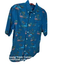 Mens St. Johns Bay Short Sleeve Button Up Flamingo Island Vacation Shirt Teal S - £15.54 GBP