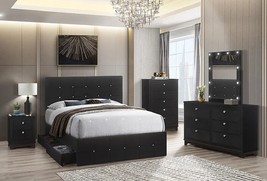 Masham 4-Piece Black Velvet Queen Bedroom Set with LED Mirror and Storag... - £1,080.19 GBP