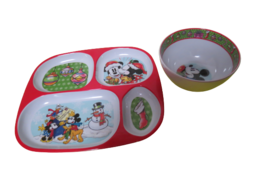 Disney Childrens Mickey Mouse Christmas Bowl And Plate Set Of 2 Hard Plastic - $14.85