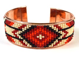 Czech Beaded Cuff Copper Bracelet w/Southwest Red &amp; White Inspired Pattern! - $14.80