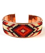 Czech Beaded Cuff Copper Bracelet w/Southwest Red &amp; White Inspired Pattern! - $272.16 MXN