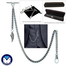 Albert Chain Silver Pocket Watch Chain for Men with Angel Wing Fob T Bar... - $17.99+