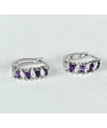 Solid 925 Sterling Silver Amethyst Earrings Diamond Accents Oval Hoops H... - £22.57 GBP