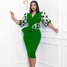 Women Summer Knitted Stitching Dotted Prints Puff Sleeve Pencil Dress 3D Decorat - $37.65