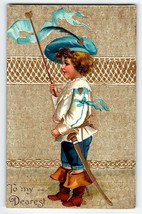 Valentines Day Postcard Victorian Child Dressed In Boots Sword Flag Germany - £15.97 GBP