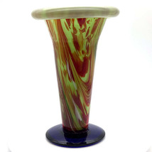 Artisanal Fusion - Handblown Glass Vase - Green &amp; Amber with Cobalt Base... - $75.00