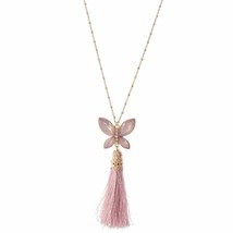 Crystal Butterfly Tassel Necklace - Pink Lavender - £12.66 GBP